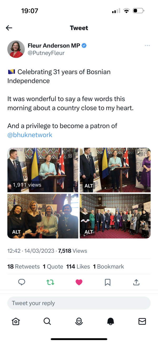 Support for the BiH community on the Island is spreading: British MP Fleur Anderson is the new patron of the BH UK Network Twiter